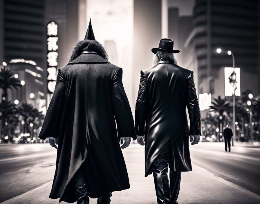 Stylish individuals in coats and hats walking in city street at dusk