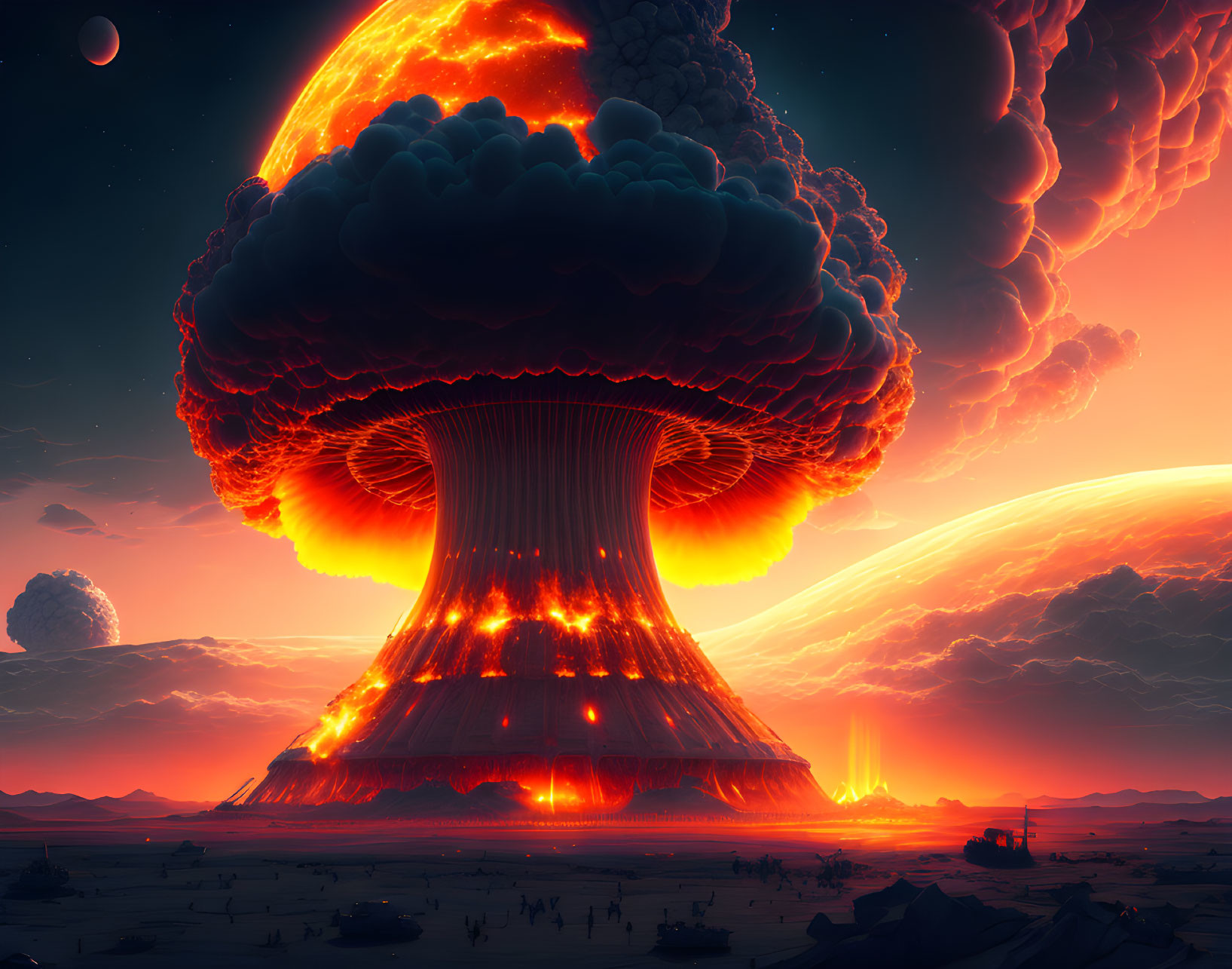 Expansive nuclear explosion mushroom cloud in desert twilight