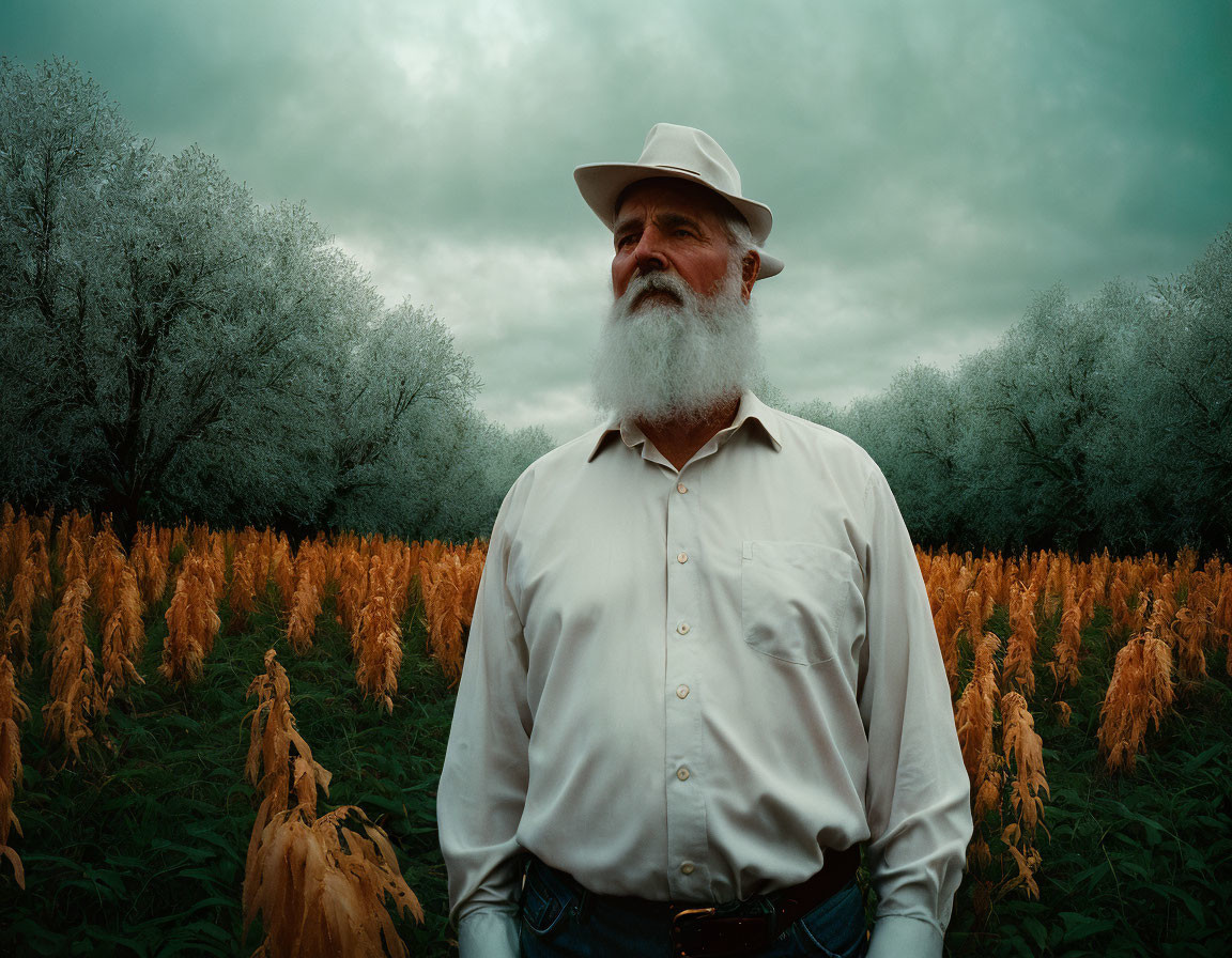 Bearded man in white shirt and hat under stormy skies in golden field