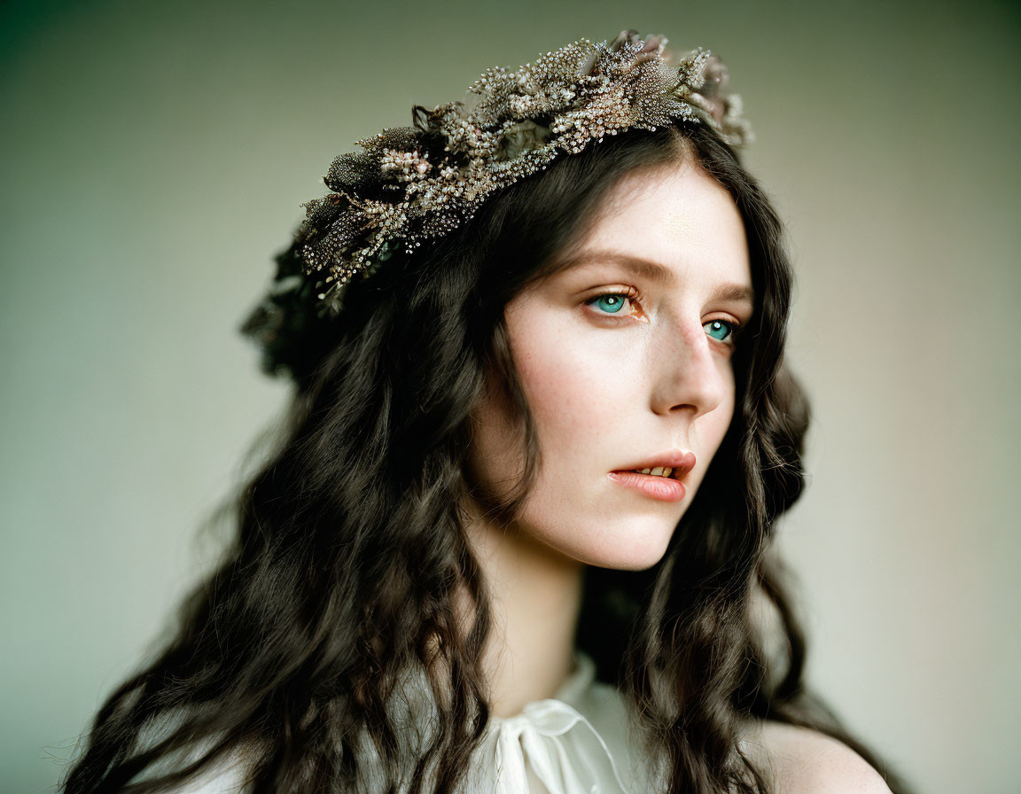 Woman with wavy hair and detailed headband gazes sideways with green eyes