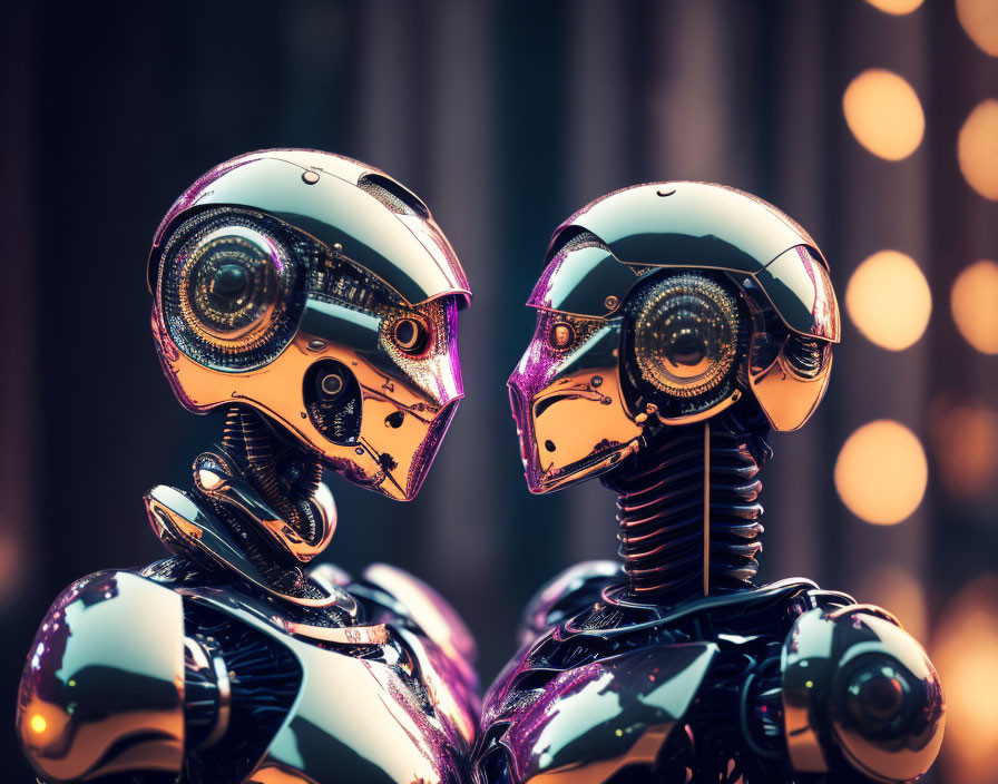 Shiny humanoid robots with intricate designs in warm bokeh lights