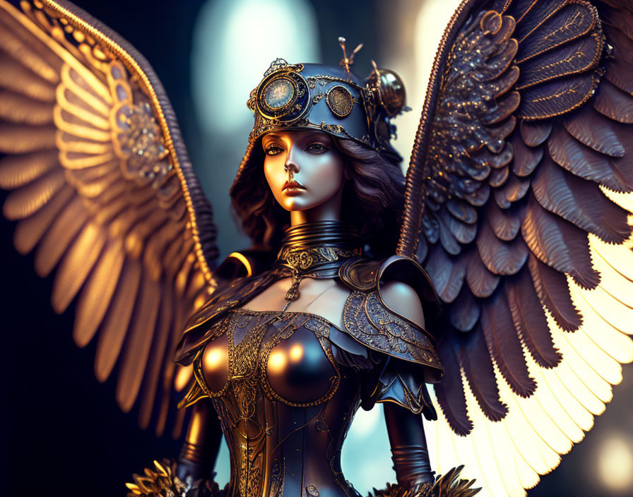 Detailed Steampunk Female Figure with Mechanical Wings in 3D Art