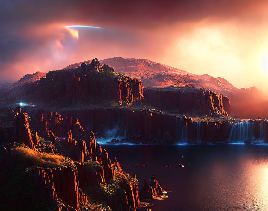 Fiery Sunset Landscape with Waterfalls, Cliffs, Lake, and Glowing Object