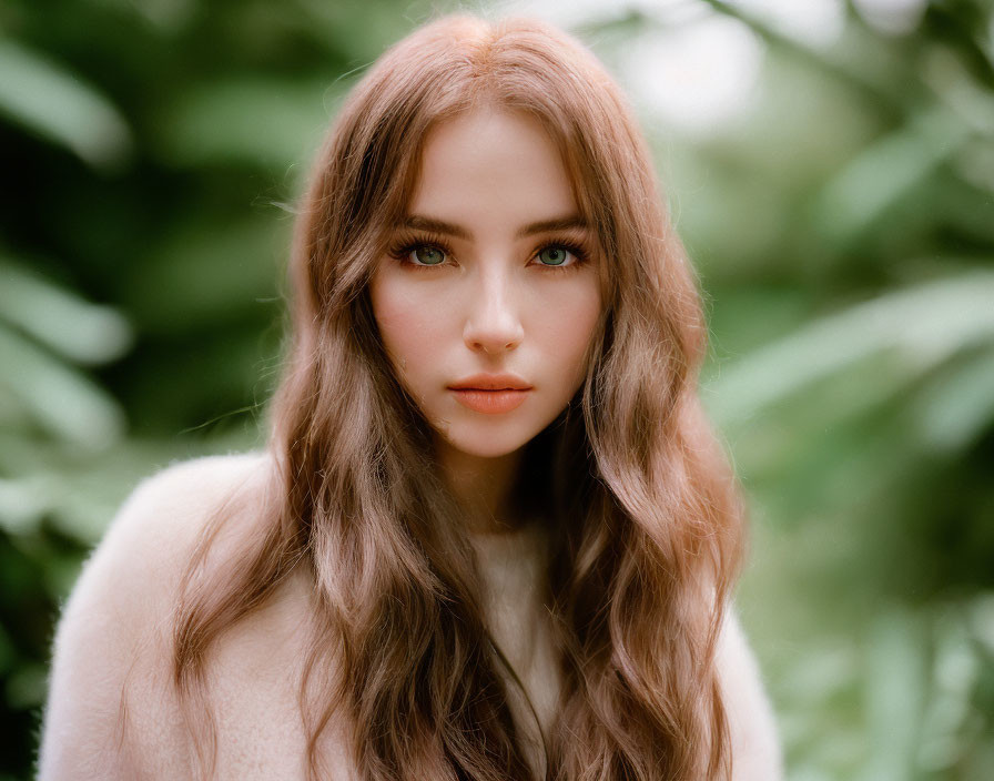 Long-haired woman in soft sweater gazes at camera in front of green backdrop