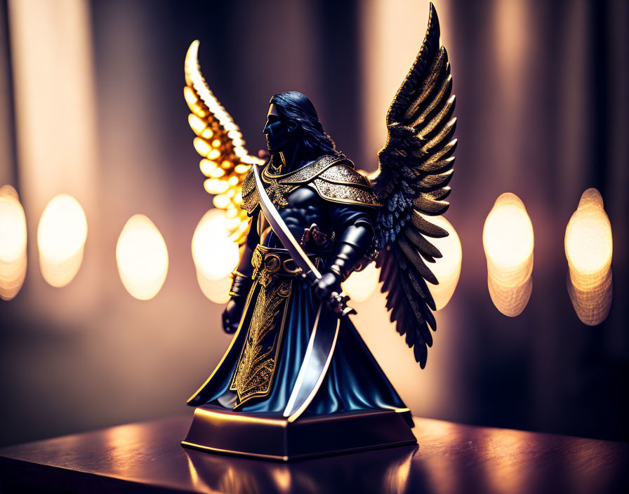 Winged warrior figurine in armor on bokeh light background