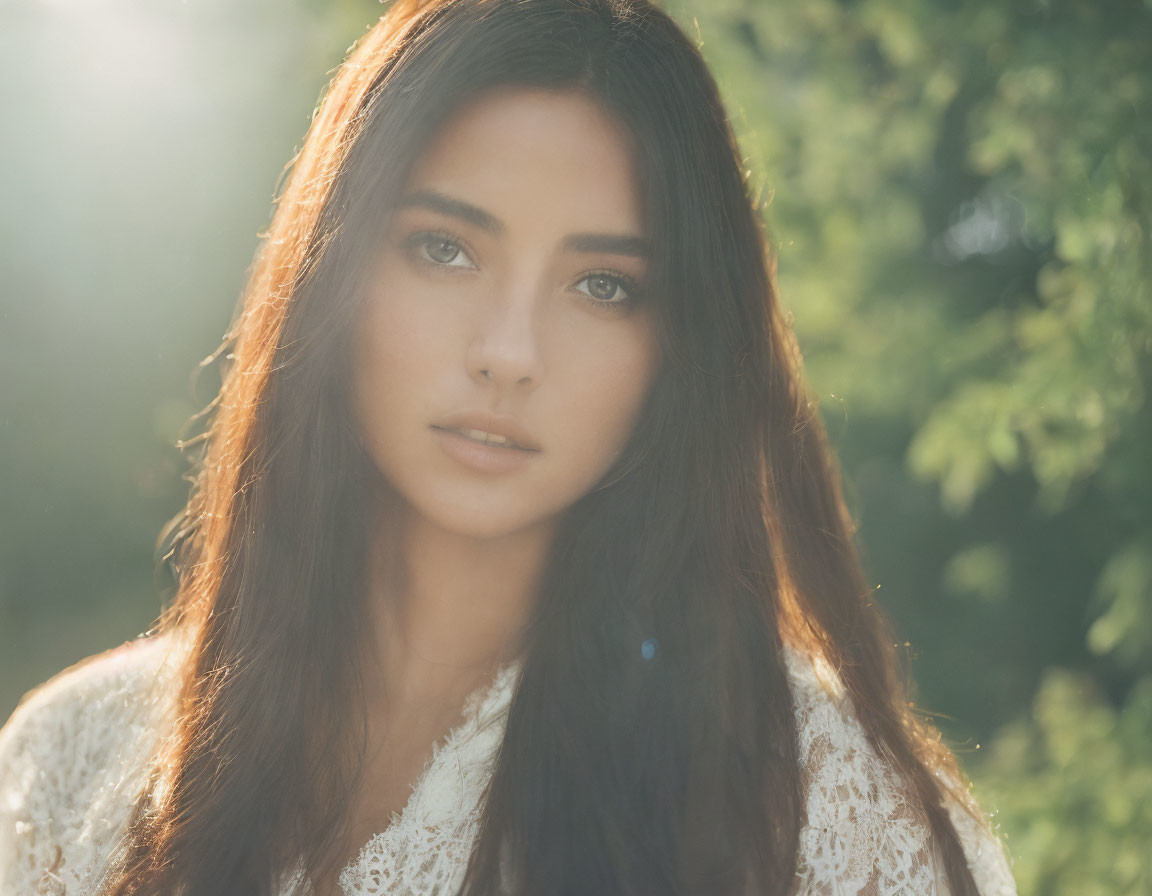 Serene woman with long dark hair in soft sunlight against leafy backdrop