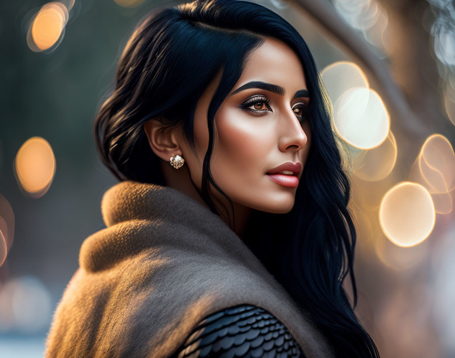 Dark-haired woman in beige wrap and earrings with striking makeup, looking away.