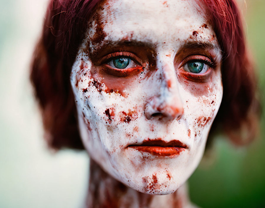 White Face Paint Zombie with Intense Eyes on Blurred Background