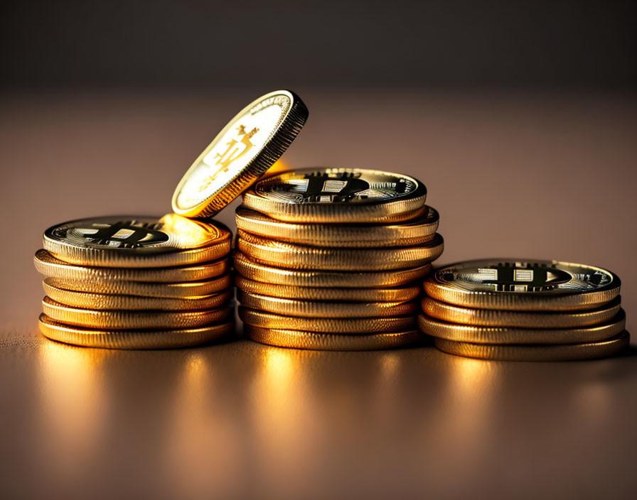 Golden Bitcoin cryptocurrency coins stacked on gradient background with falling coin.