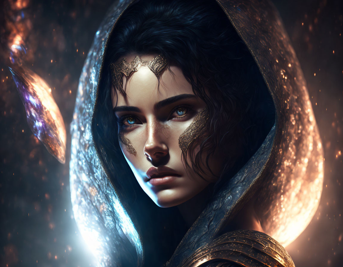 Cosmic-themed digital artwork of woman with galaxy makeup and gold accents