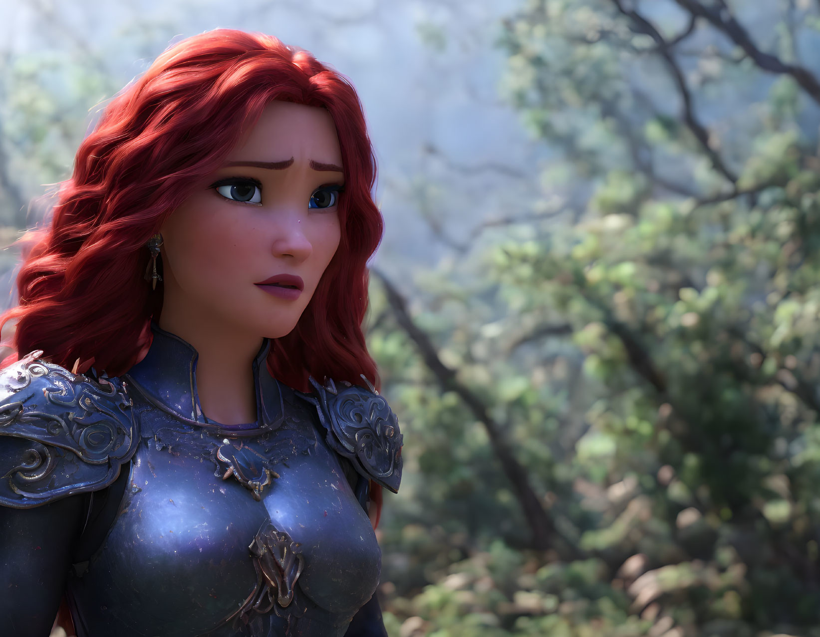 Red-haired female character in silver armor, 3D animated in forest