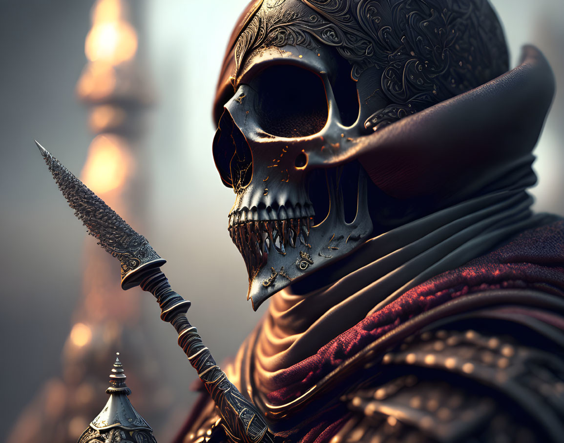 Menacing fantasy warrior in skull helmet with spiked weapon and blurred spire.