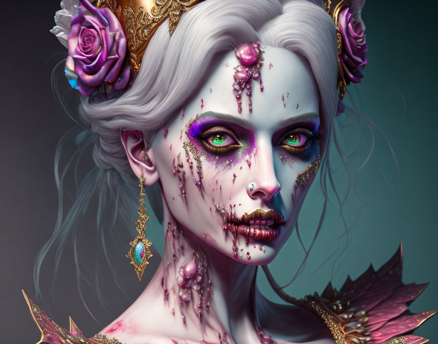 Digital artwork featuring woman with violet skin, green eyes, golden headdress, roses, and dark makeup