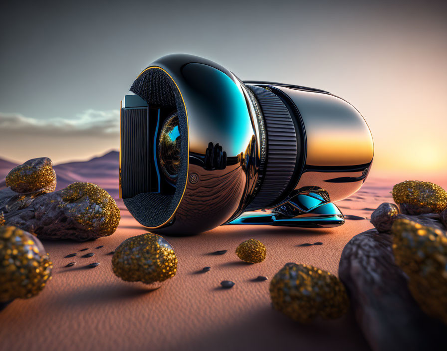 Futuristic black and blue lens device in desert environment at dusk