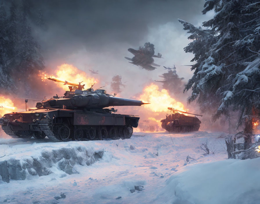 Military tanks in snowy forest with explosions and helicopter.