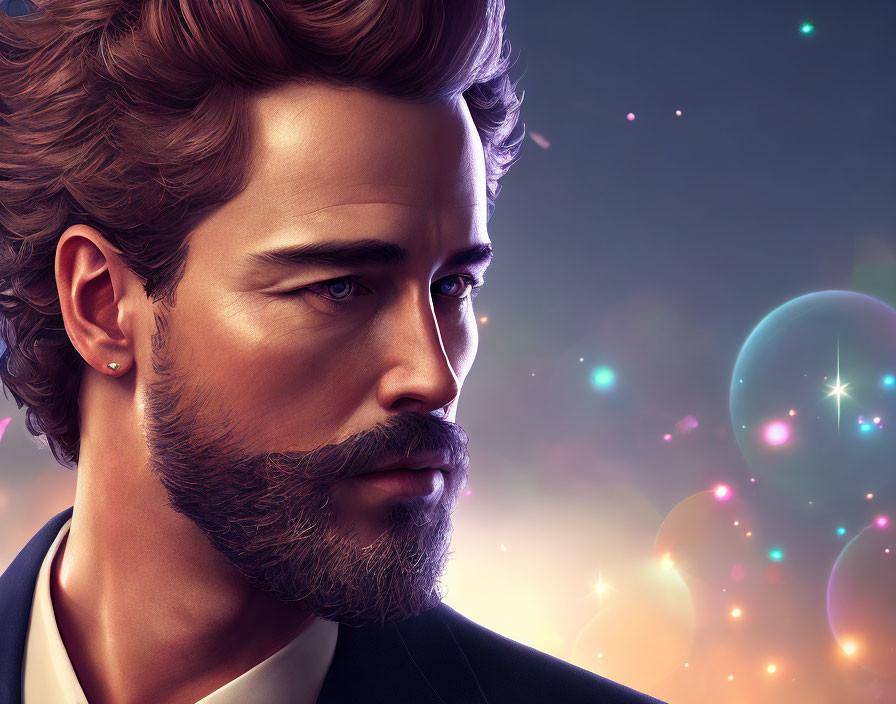 Stylized man portrait with beard and wavy hair, colorful bokeh lights.