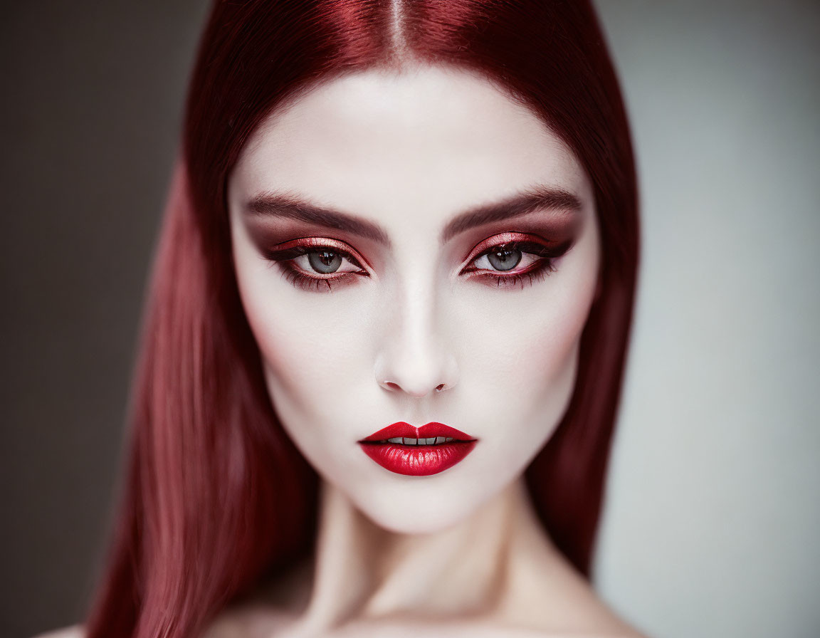 Striking Red Hair and Makeup Against Subtle Background