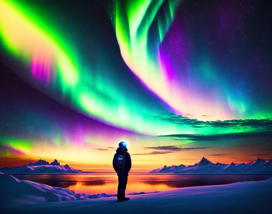 Person observing vibrant aurora borealis over snowy mountains