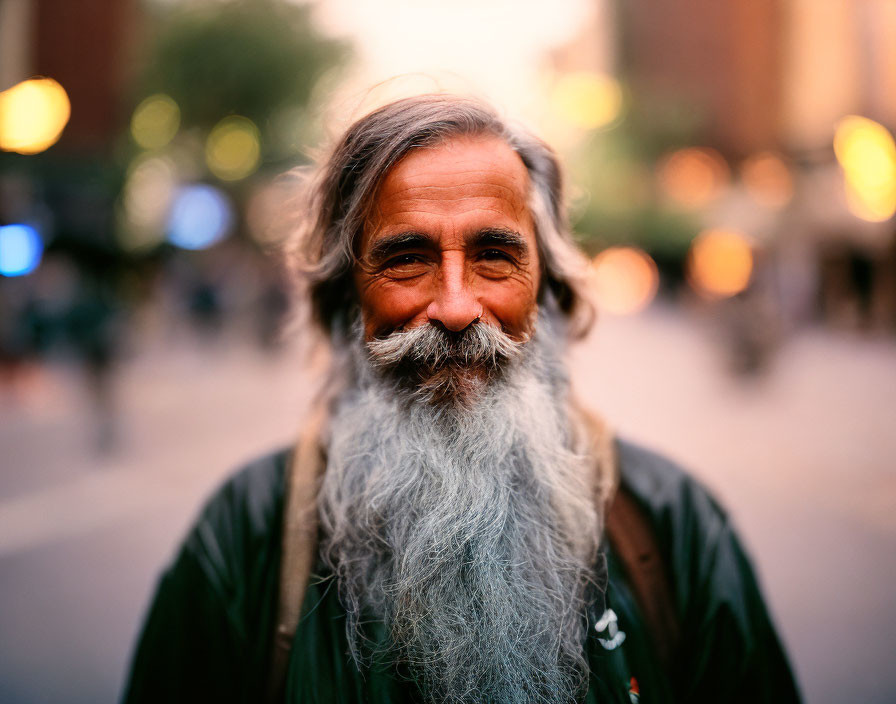 Elderly man with long gray beard smiling on city street at dusk