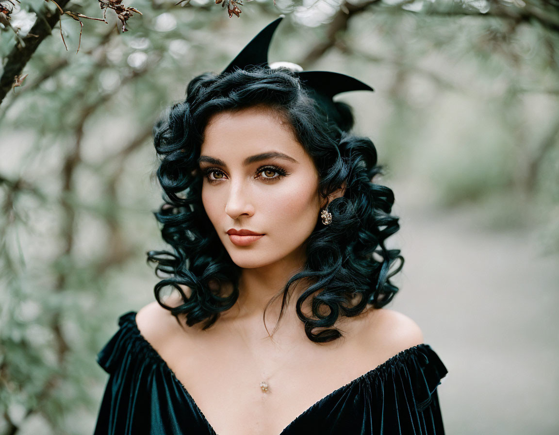 Black-Haired Woman in Off-Shoulder Dress and Cat Ears Among Greenery