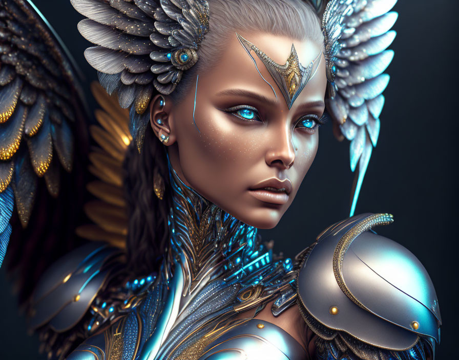 Digital artwork of woman in metallic armor with winged adornments and regal headpiece