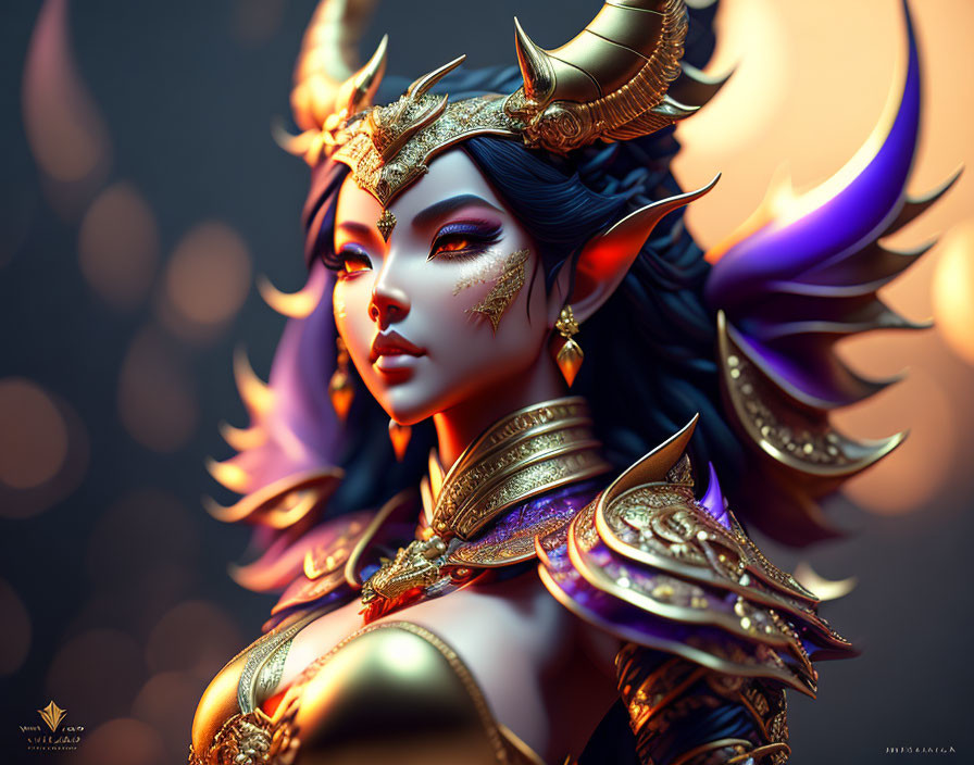 Fantasy female character with horns, purple hair, golden armor, and jewels on bokeh background.