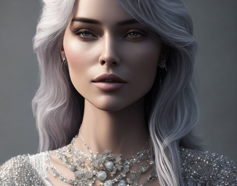 Silver-Haired Woman with Green Eyes and Elegant Jewelry