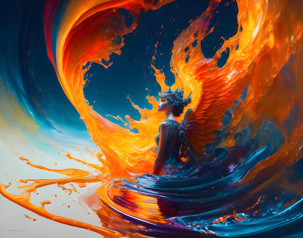 Person with blue headdress in vibrant orange and blue swirls