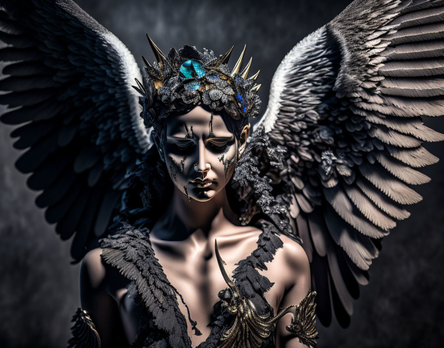 Intricate black costume with wings and feathered crown portrayal