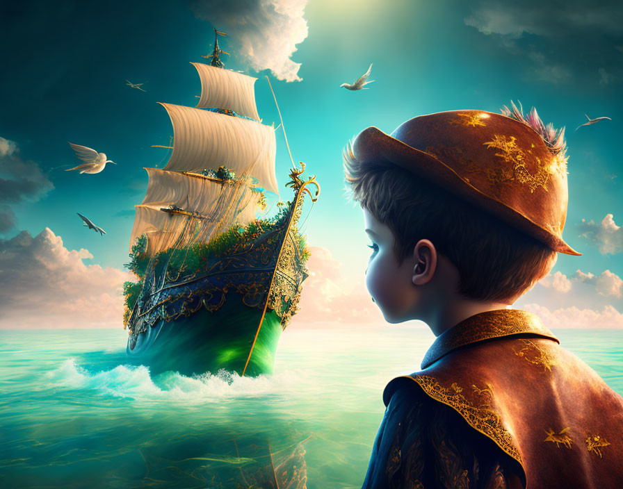 Boy in decorated hat admires majestic sailing ship with lush greenery and seabirds under dramatic sky