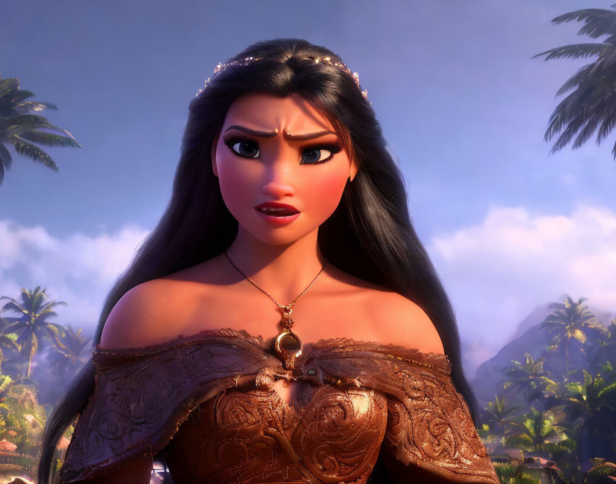 Animated female character with long black hair and tiara in brown dress gazes forward with concern.