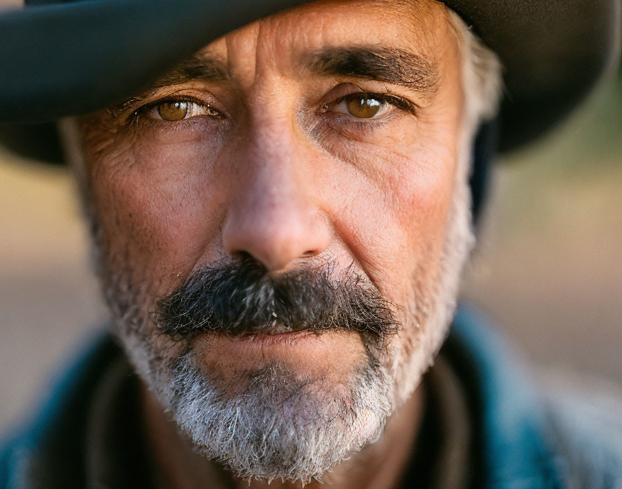 Weathered man in cowboy hat with intense gaze and grizzled mustache