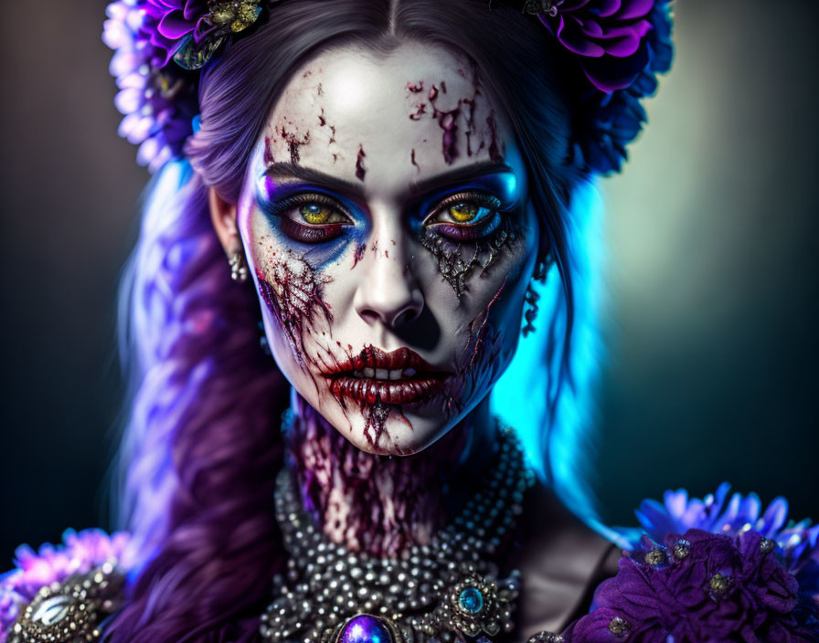 Purple-haired woman showcases dramatic makeup with blood-like effects, yellow eyes, and floral headpieces