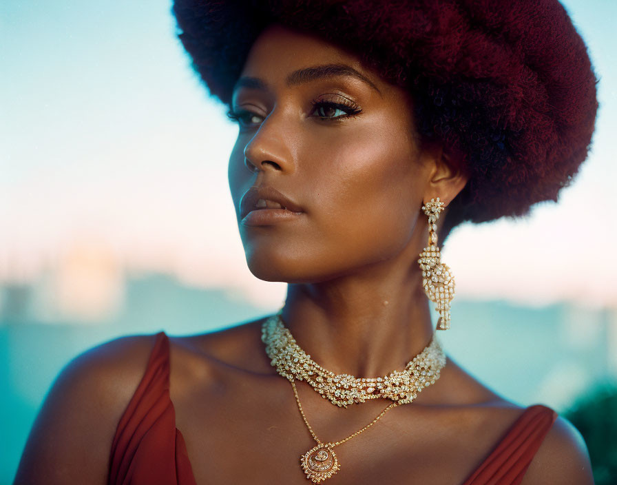 Woman in large dark afro-style hat and gold jewelry against soft blue background