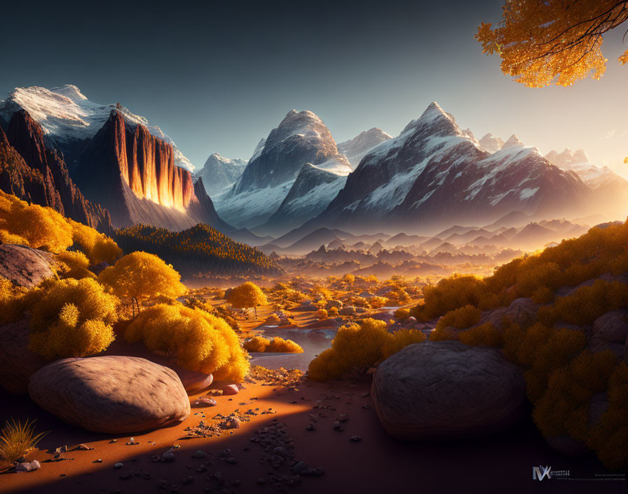 Golden Foliage and Snow-Capped Mountains Landscape