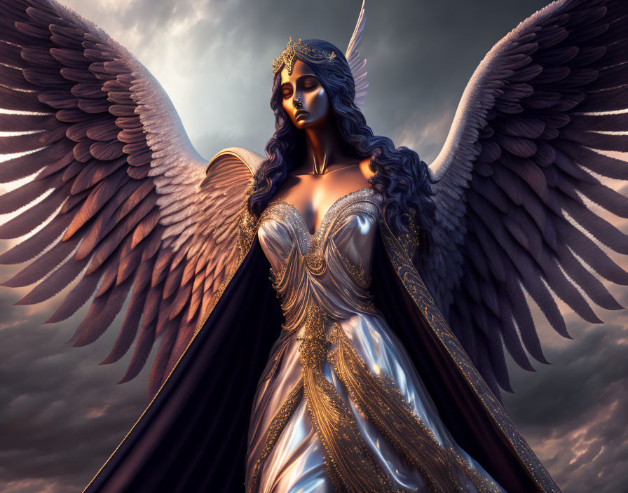 Majestic winged figure in dark cloak and ornate armor under dramatic sky