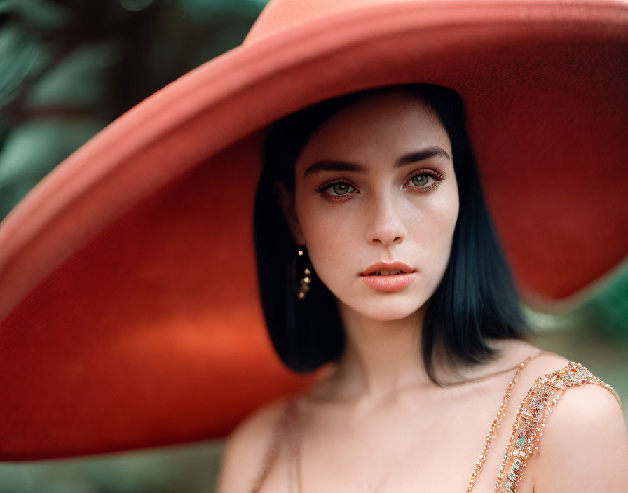 Porcelain-skinned woman in red hat with blue eyes and glittery top on green background