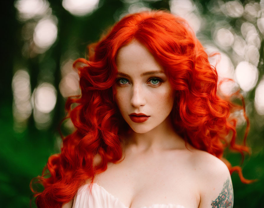 Vibrant red-haired woman with blue eyes in forest setting