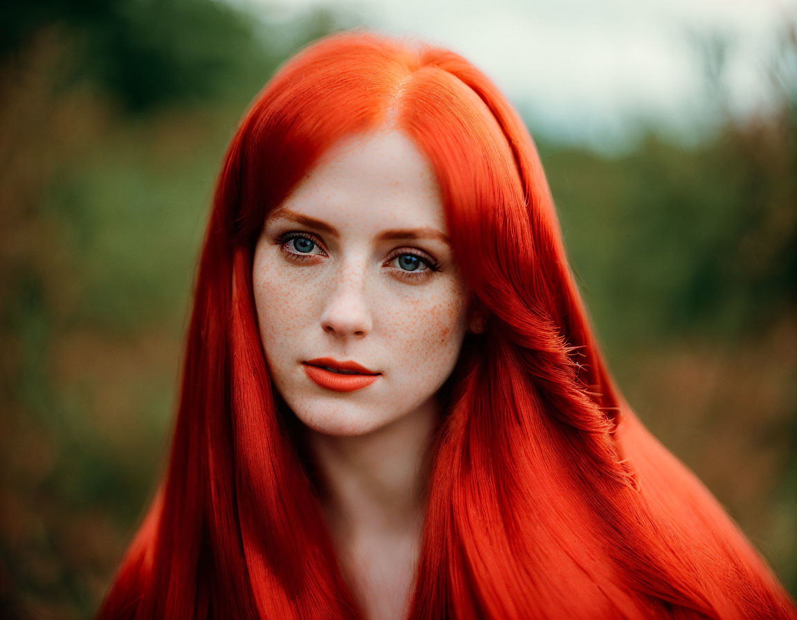 Woman with Red Hair, Freckles, Blue Eyes, Orange Lipstick, Blurred Green Background