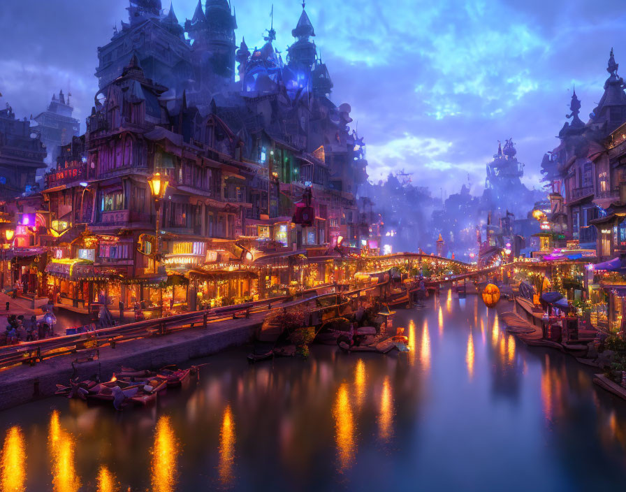 Twilight fantasy cityscape with illuminated buildings, canal, boats, and magical castle