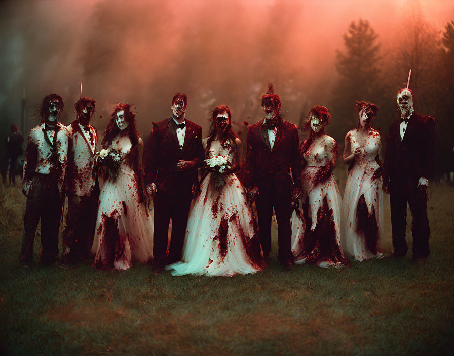 Group in blood-splattered wedding attire with zombie makeup in misty woods