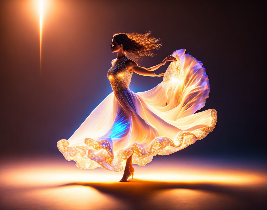 Graceful woman in glowing dress dances in warm light