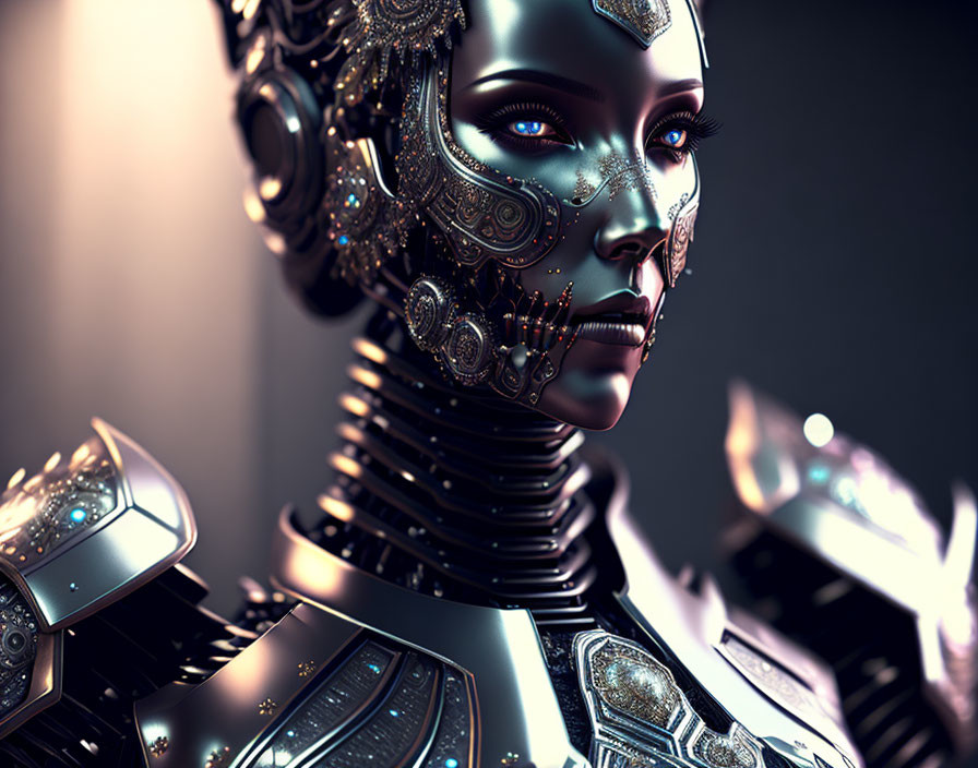 Detailed humanoid robot with feminine face and metallic finish