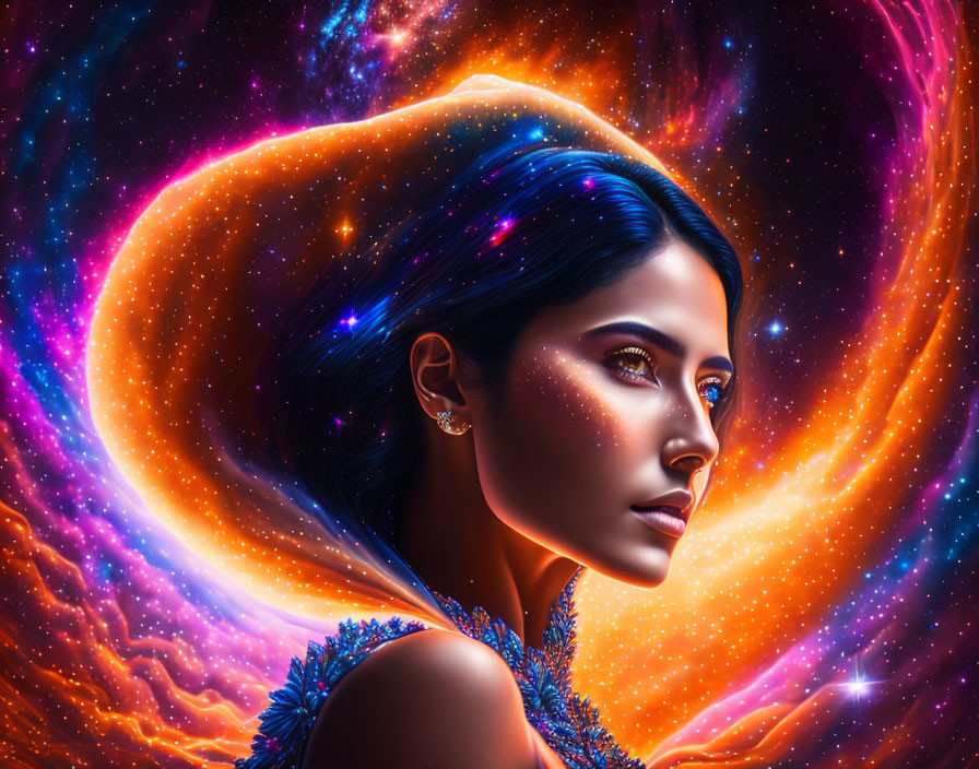 Digital artwork featuring woman with blue skin and cosmic elements against vibrant starry background.