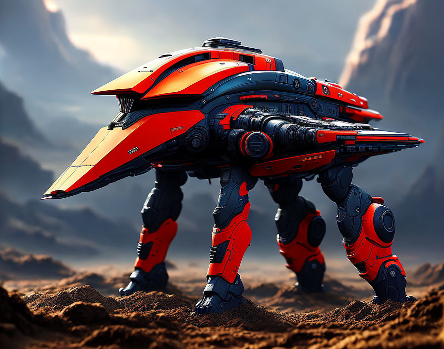 Futuristic red and black mechanical quadrupedal walker on rocky terrain