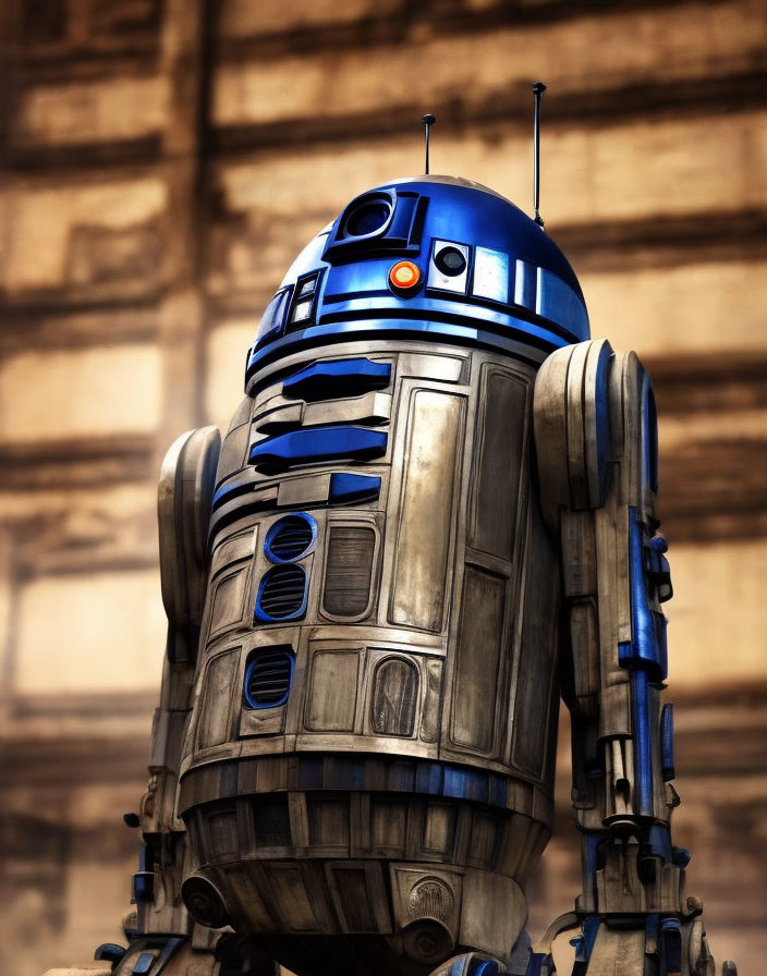 Detailed Close-Up of Star Wars R2-D2 Droid on Blurred Brown Background