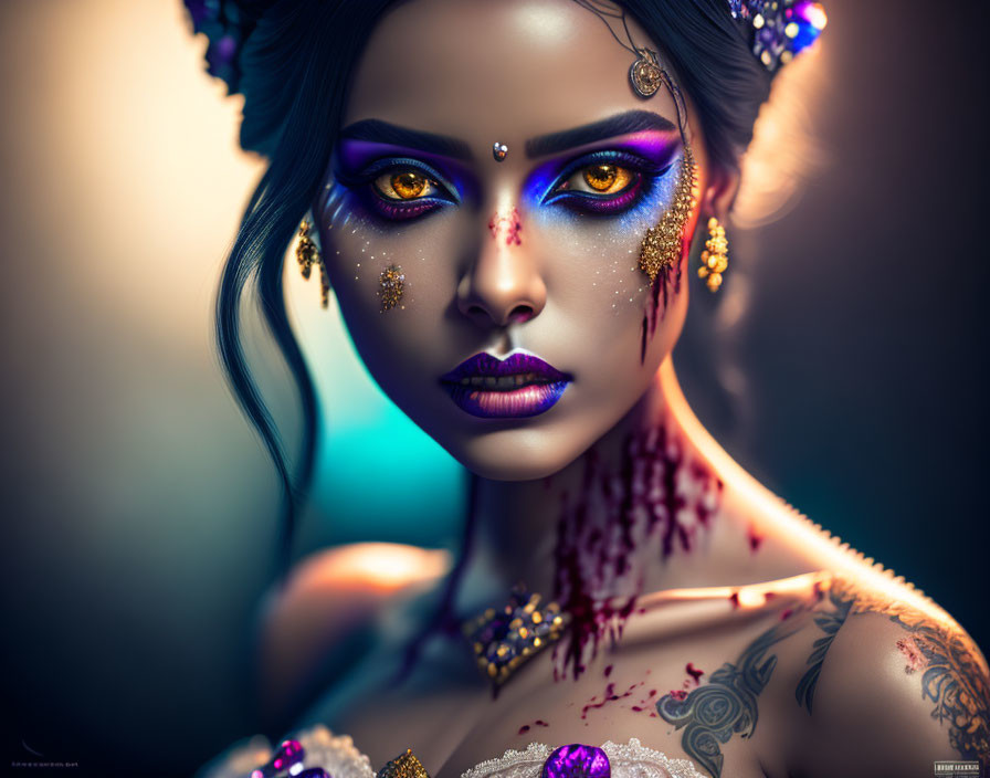 Digital artwork: Woman with purple eye makeup, gold jewelry, and red bindi on moody background