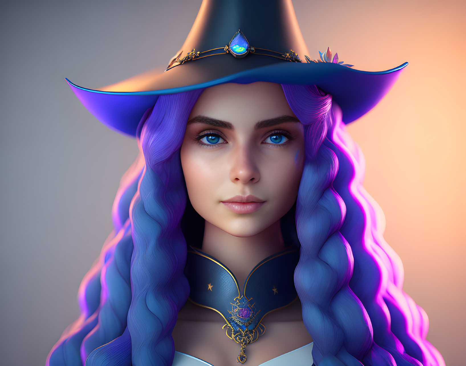 Digital artwork: Woman with blue and purple hair, wide-brimmed hat, gem, sun pendant