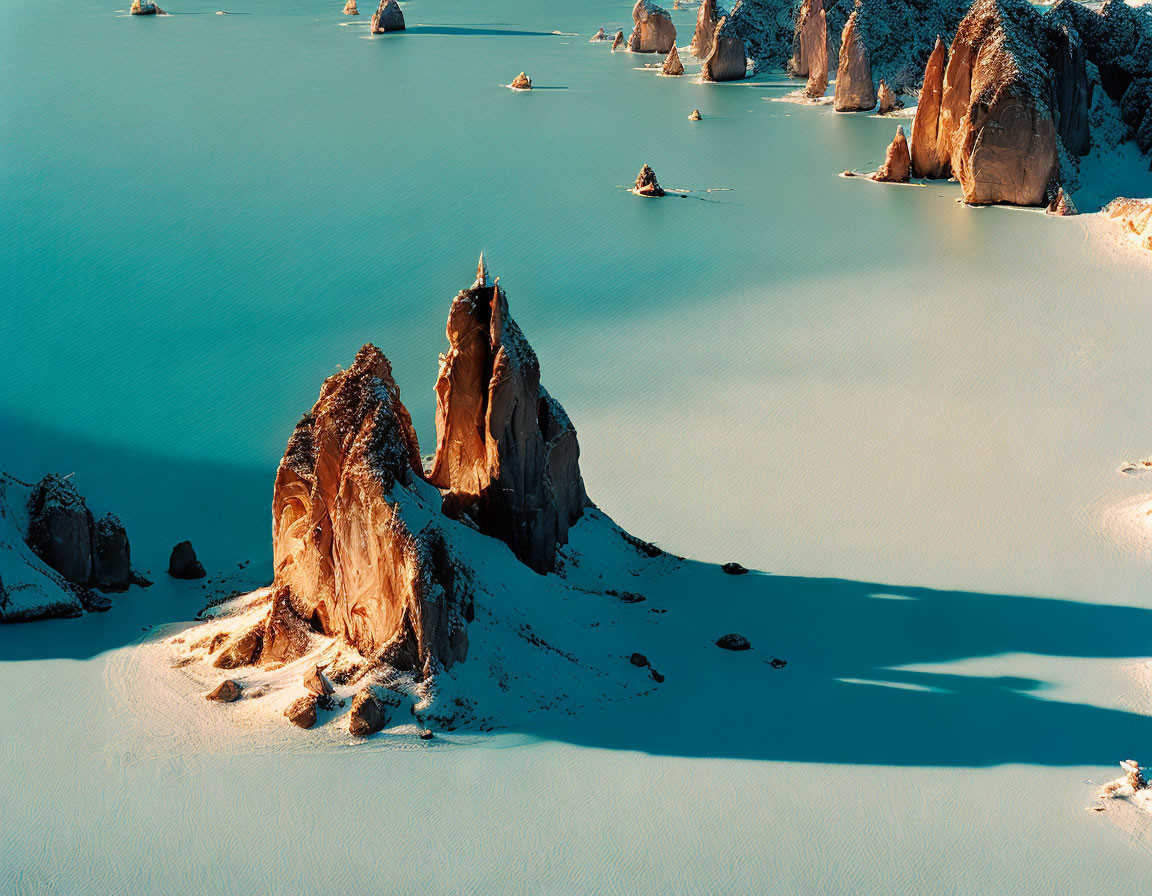 Golden rocks and islets in serene coastal aerial view