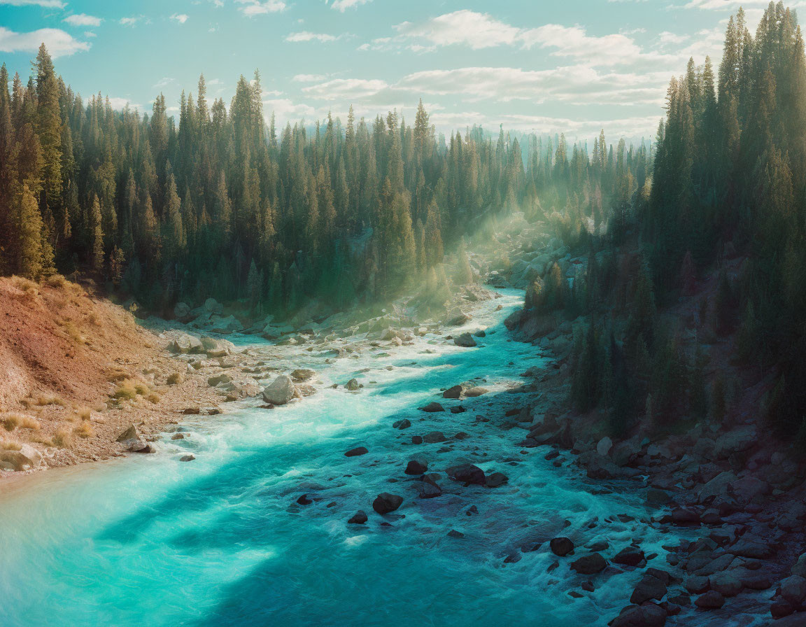 Tranquil river in forest with sunbeams highlighting blue water